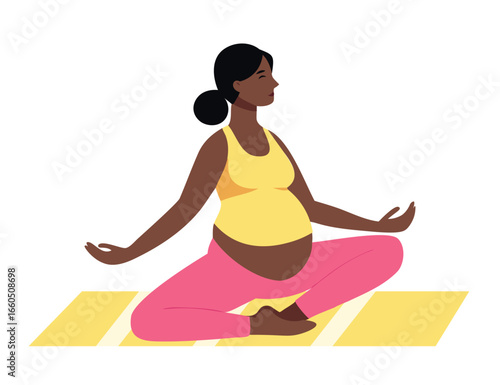 Pregnant woman doing yoga meditation. Calmness, peaceful, harmony pregnancy gentle prenatal stretches on mat, isolated on white. 