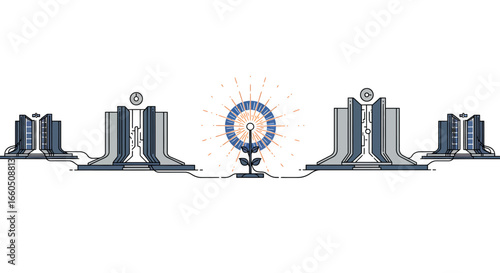 Futuristic tech plant with energy towers and floral design