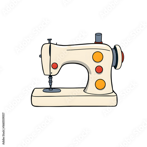 A cartoon sewing machine with a red button on the top