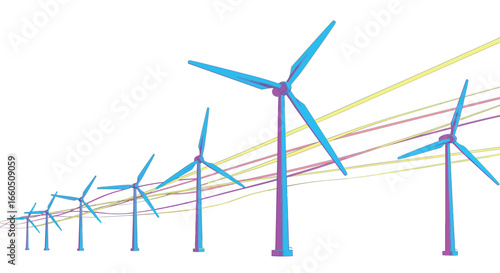 Colorful isometric wind turbines with power lines on white background