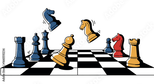 Dynamic chess pieces in motion on checkered board with vibrant colors