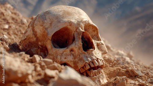 Ancient human skull partially buried in sandy soil at archeological excavation site. Paleontology discovery of prehistoric remains. Scientific research of human evolution.