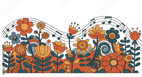 Colorful floral melody in decorative abstract boho art with musical notes