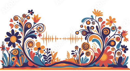 Vibrant floral sound waves with colorful abstract flowers in curve