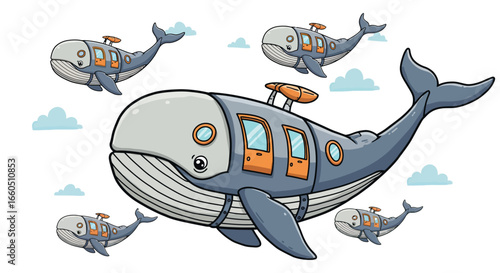 Playful cartoon whale submarines with clouds in the sky