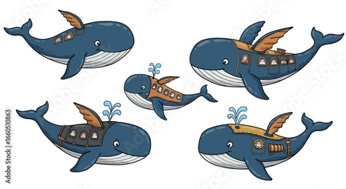 Cute steampunk whale submarines with wings and windows