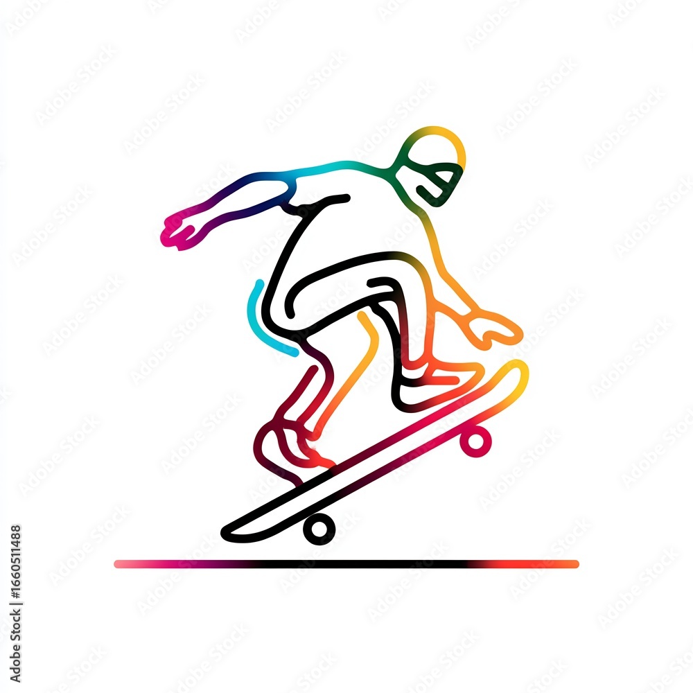 Fototapeta premium A vibrant line art illustration of a skateboarder in action with rainbow gradient on a white background