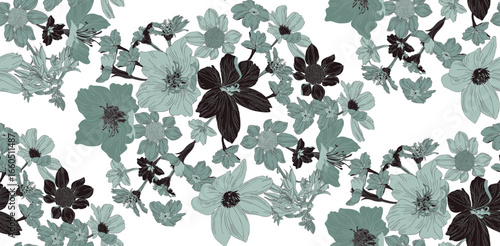 A seamless floral pattern on a transparent background, in an intricate pattern reminiscent of prints on porcelain or fabric.