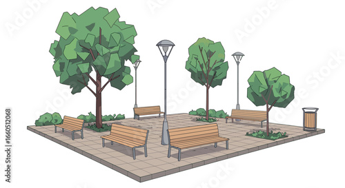 Isometric urban park scene with benches, trees, and lampposts