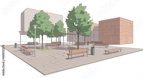 Modern urban park with benches and trees in a minimalist design