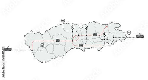 Public transport route map with icons for bus and tram connection across regions