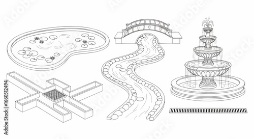 Detailed vector illustration set of landscape design elements including garden pond, stone pathway, decorative bridge, modern water feature, and classic tiered fountain for outdoor architecture.