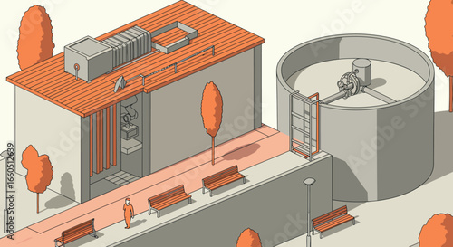 Modern isometric urban architecture with industrial and landscape elements