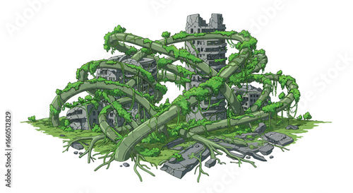 Overgrown earthy landscape with ruins and vines in detailed art style