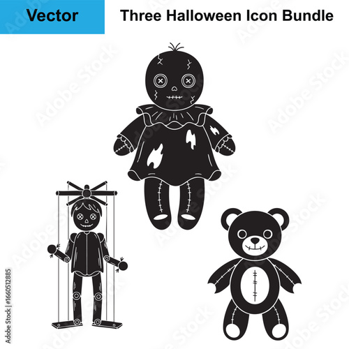 Haunted Doll Marionette Creepy Teddy Silhouette Halloween Vector Bundle