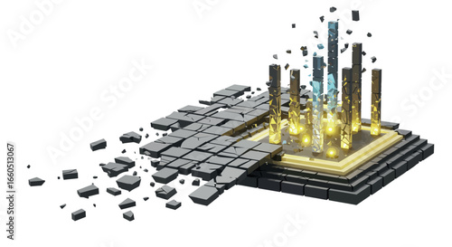 Dynamic sci-fi geometric structure with floating blocks and glowing columns