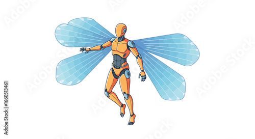 Futuristic humanoid robot with insect wings in dynamic pose for sci-fi concepts