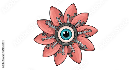 Cybernetic flower with mechanical eye: futuristic fusion of nature and technology