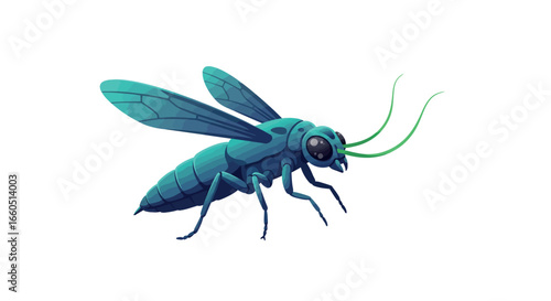 Colorful cartoon insect with transparent wings on white background