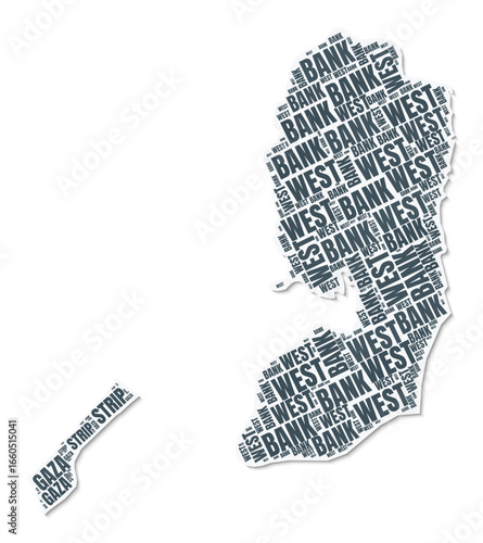 Palestine shape text cloud. Country border with shadow on white background. Palestine with regions division in vintage gazette style. Elegant vector illustration.