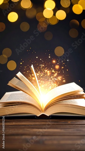 Open book on wood, magical golden light emanating from its pages against a bokeh background