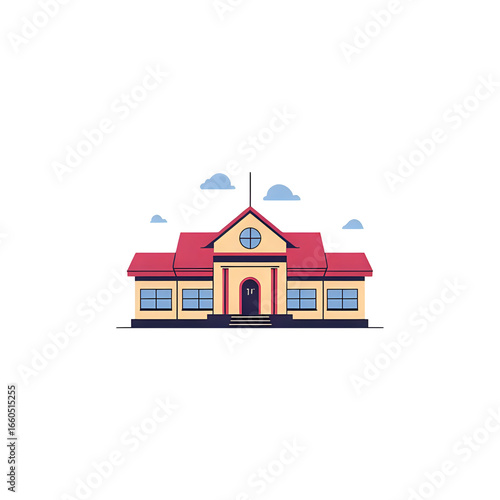 Modern flat design of a school building with red roof