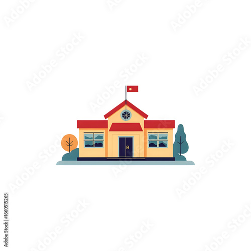 Charming cartoon school building with trees and flag