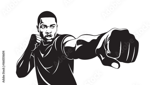 A determined Black man in a boxing stance, throwing a powerful punch with his right fist forward, captured in a dynamic, high-contrast black and white illustration.
