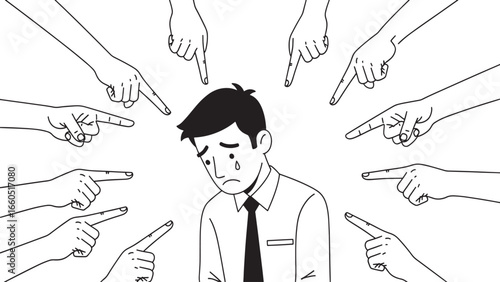 A distressed man in a suit is surrounded by numerous pointing fingers, symbolizing blame, accusation, and social pressure.