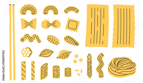 Different types of pasta. Hand drawn doodle macaroni, farfalle, penne, fusilli, stellino, ruot, ditalini. Italian cuisine gourmet food elements. Vector illustration in trendy flat style