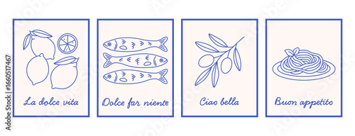 Hand drawn mediterranean doodles placard or poster set. Dolce vita aesthetics. Italian summer vacation. Wall art prints decor. Vector illustration in trendy flat style