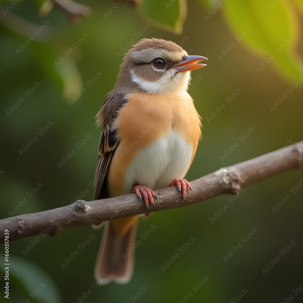 Fototapeta premium Small Orange and White Bird Perched on Branch with Green Leaves
