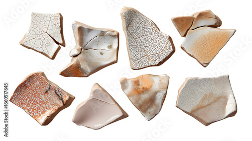 Ceramic shards display aged texture, cracks on a black surface. Perfect for backgrounds, textures or use in social media, or as a digital art element.