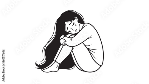 A young woman curls into a ball, her eyes closed and head bowed, conveying a sense of sadness or introspection.