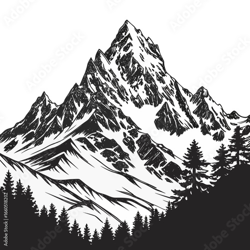 Majestic Monochrome Mountain Peak: Hand-Drawn Illustration, Dramatic, Serene, Wilderness Landscape.