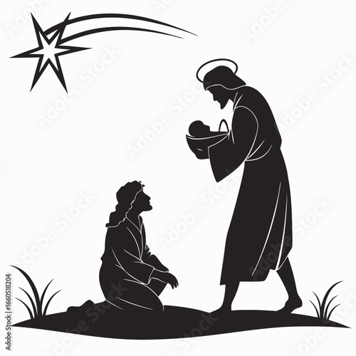 Solemn Nativity Scene: Black and White Silhouette Illustration of Jesus, Mary, and the Christ Child with Star.