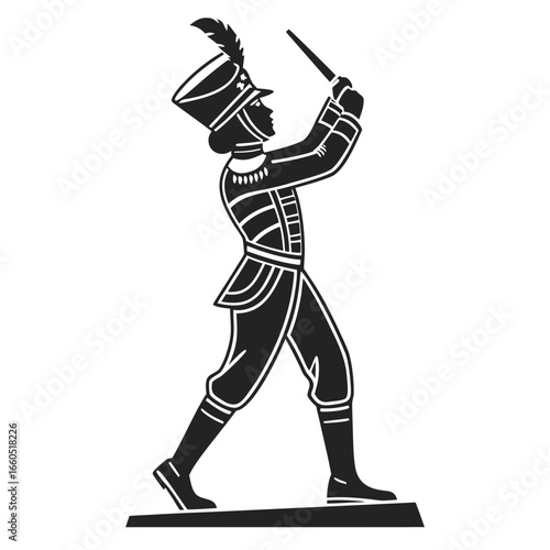 Elegant Black and White Illustration of a Drum Major in Uniform Conducting.