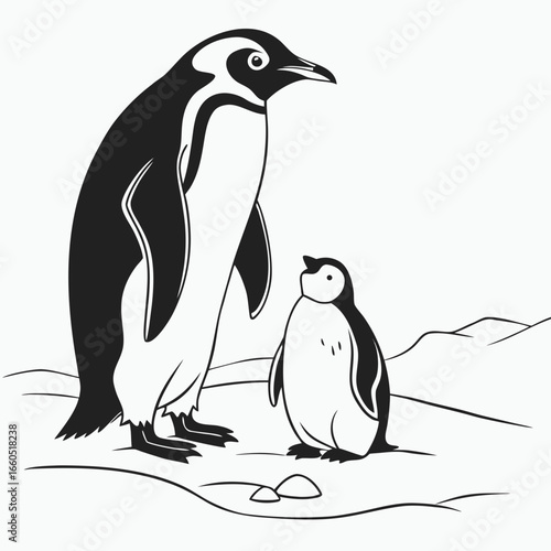 Adult and Chick Emperor Penguins:  Black and White Line Art Illustration, Antarctic Wildlife, Family Scene