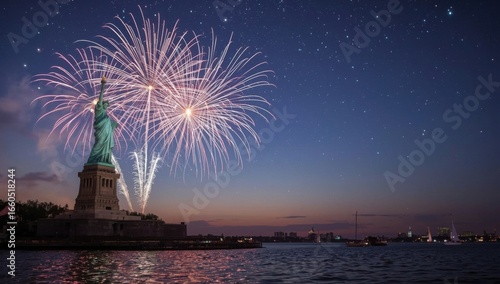 Statue of liberty illuminated by fireworks against a twilight sky over water with boats present