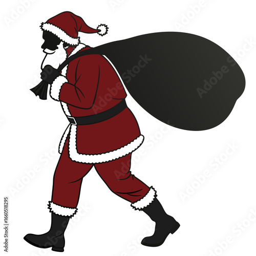 Mysterious Santa Claus Silhouette: Carrying a Heavy Sack of Gifts, Christmas Eve Delivery, Vector Illustration, Dark Mood