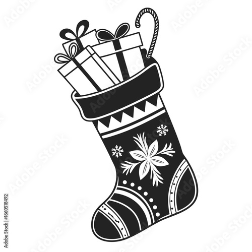 Ornate Christmas Stocking Filled with Presents; Monochrome Festive Design, Holiday Cheer