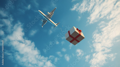 3D rendering of an airplane flying and releasing gift boxes in the sky.
