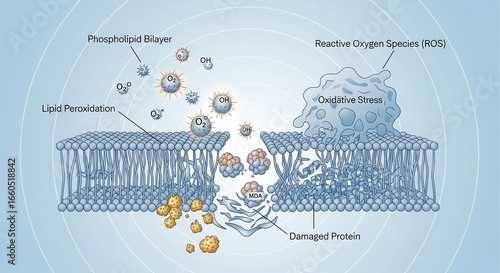 Scientific diagram illustrating oxidative stress where reactive oxygen species cause lipid peroxidation and protein damage to a cell membrane.