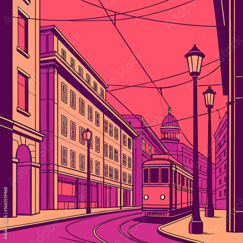 Urban street with colorful electric wires, surreal composition, saturated colors.