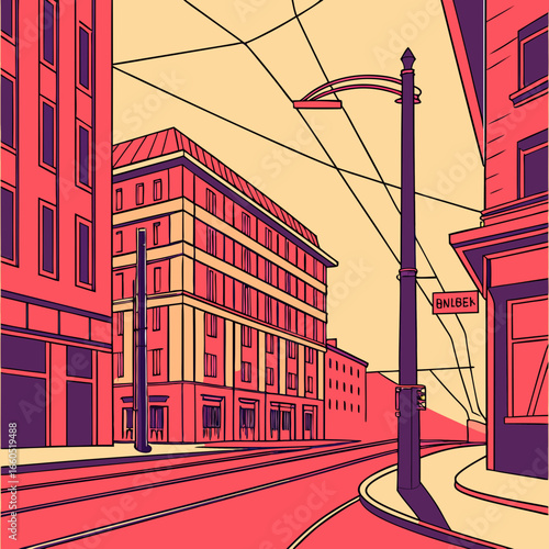 Urban street with colorful electric wires, surreal composition, saturated colors.