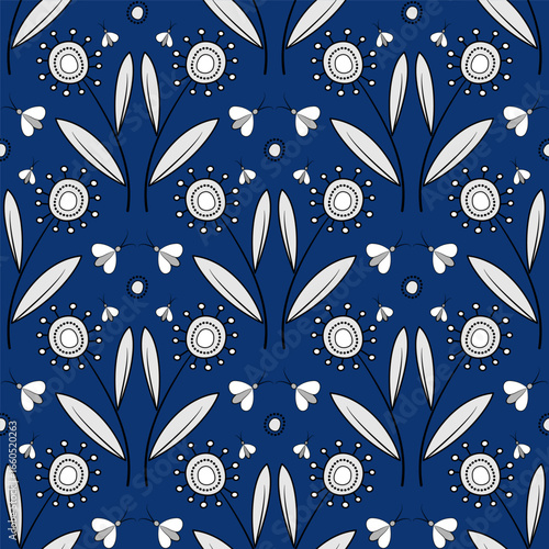 Floral seamless pattern in zentangle style. Monochrome decorative ornament on dark blue background. Unusual fantasy flowers with clear black contour. Cute childish plant design.