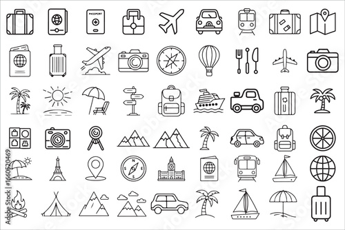 Travel Icons vector:  Minimalist Line Art,  Adventure and Exploration Theme,  Vector Illustration Set.