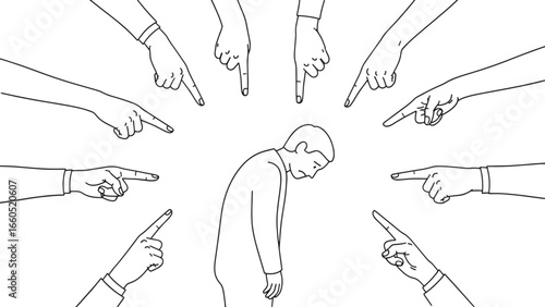 A lone figure is surrounded by multiple pointing fingers, creating a visual representation of accusation, blame, and social pressure.