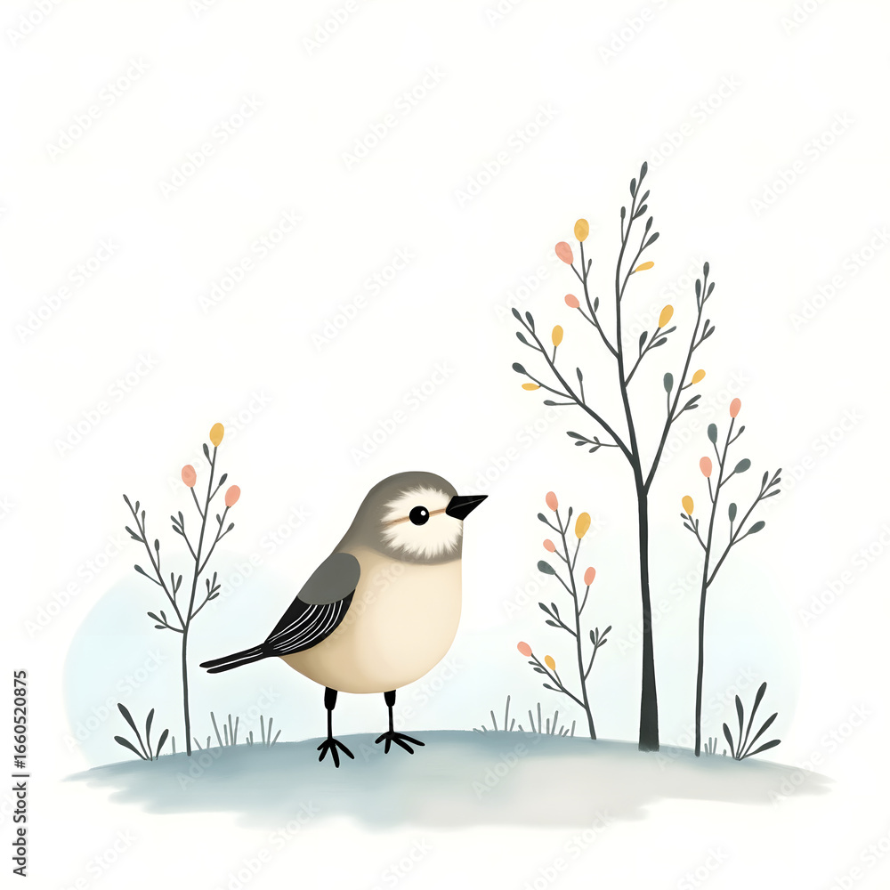 Fototapeta premium Bird Standing on Ground with Trees and Branches in Spring
