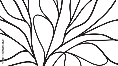Abstract black and white organic lines forming a stylized floral or branching pattern against a white background.